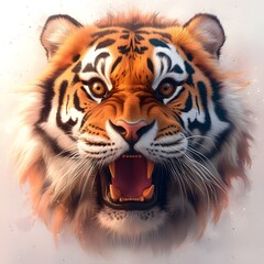 Naklejka premium Dramatic and Intense Closeup Portrait of an Angry and Surprised Tiger Showcasing its Powerful Facial Features Vibrant Orange Fur and Black Stripes Against a Transparent Background