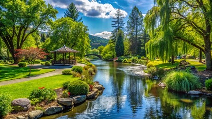 Fototapeta premium Scenic Riverside Park in Grants Pass Featuring Lush Greenery and Serene Waters for Nature Lovers