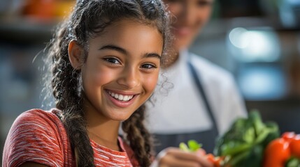 Girl Learning to Chop Vegetables in Kitchen Setting