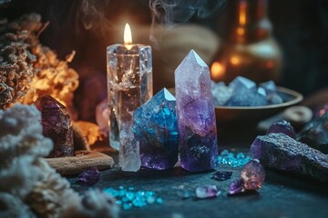 a group of crystals sitting on top of a table