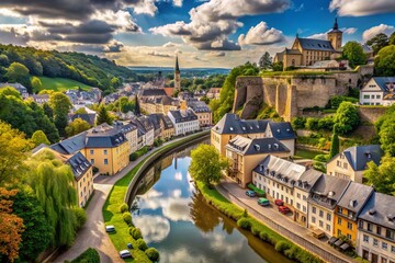 Obraz premium Scenic View of Chemin de la Corniche with Breathtaking Landscape and Serene Waterway in Luxembourg