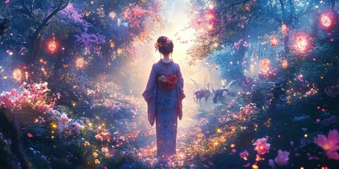 Woman in kimono walks through glowing forest.