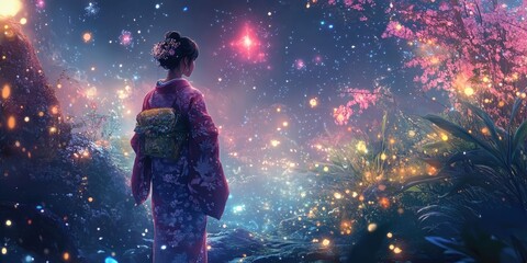 Naklejka premium Woman in kimono stands in glowing forest.