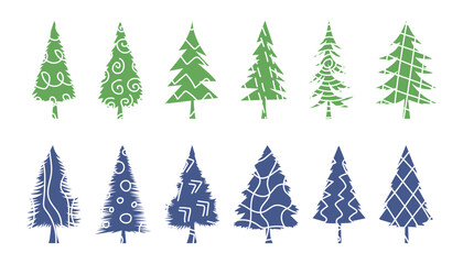 Obraz premium Patterned Christmas trees. 2025 New Year's decorative elements, nature and forest. Pine, fir, spruce colored illustration. Set hand drawn simple blue green patterned Christmas tree for winter holidays