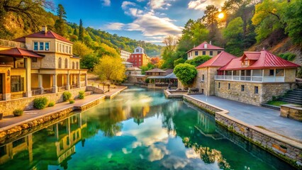 Obraz premium Scenic view of historic bath houses nestled in the natural beauty of Hot Springs, Arkansas landscape