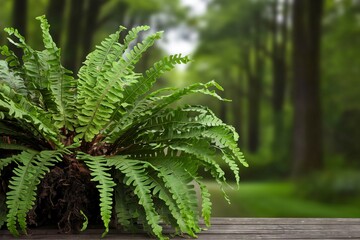 Green fern plant. Lush fern plant with green leaves, set against a blurred woodland backdrop. The image evokes a sense of peace and tranquility.
