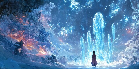 Fototapeta premium A woman stands before a glowing ice wall.