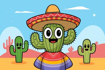 Cactus in sombrero. Cute cactus wearing a sombrero in a desert landscape, representing Mexican culture and joy.
