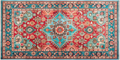 vibrant Mediterranean style rug featuring intricate floral patterns and rich color palette of red and turquoise. This beautiful piece adds warmth and elegance to any space