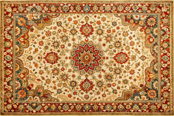 Ornate oriental rug featuring symmetrical patterns and bright colors, adding elegance and warmth to any space. Its intricate design showcases floral motifs and rich details