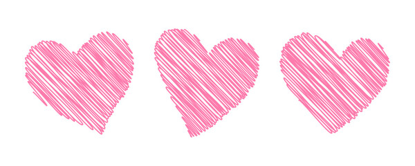 Pink scribble hearts, love theme. Romantic decorative elements, Wedding or Anniversary. Symbol or sign of love, friendship and care, hand drawn doodle hearts icon. Isolated heart doodle set.