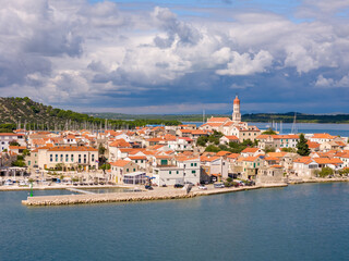 Aerial drone photo of the coastal town of Betina on the island of Murter in Croatia.