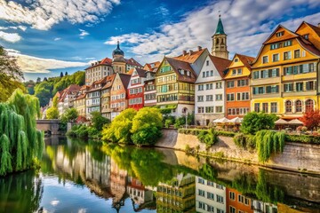 Fototapeta premium Scenic view of Tübingen's historic architecture along the Neckar River in picturesque Germany