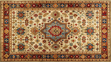 Colorful oriental rug featuring intricate geometric shapes and floral patterns, adding warmth and elegance to any space. Its detailed design showcases blend of vibrant colors and traditional motifs