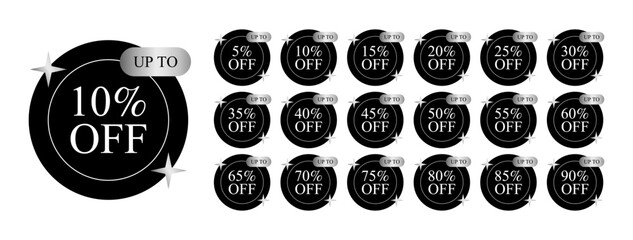 Set of black round discount tags with silver stars. Up to 5, 10, 15, 20, 25, 30, 35, 40, 45, 50, 55, 60, 65, 70, 75, 80, 85, 90 percent off.