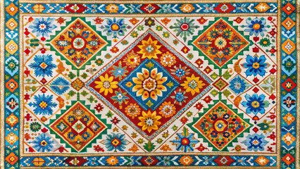 Vibrant intricate Mediterranean rug showcasing bright floral patterns and geometric designs, adding lively touch to any space