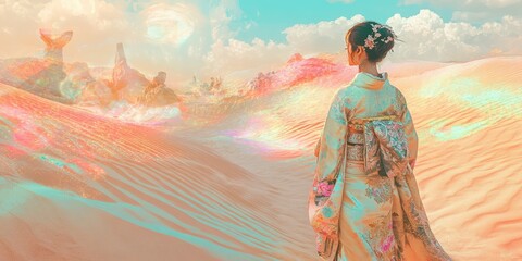 Fototapeta premium Woman in kimono standing in a desert.