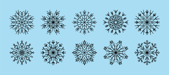 Winter geometric decorative elements of white cold flakes crystal, snow ornament for New Year's holidays, for Christmas, line frostwork icons. Christmas Snowflakes set. Snowflake winter design, decor.