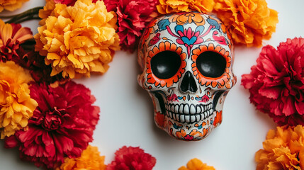 Decorative skull surrounded by vibrant marigold flowers for a festive celebration
