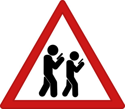 Red Sign Beware of Smartphone Zombie. Vector Icon. Humorous Sign. People Constantly Looking at Mobile Phone
