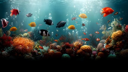 Fototapeta premium Breathtaking underwater panorama showcasing the vibrant and diverse coral reef ecosystem with schools of tropical fish flitting amidst the swaying sea plants and anemones