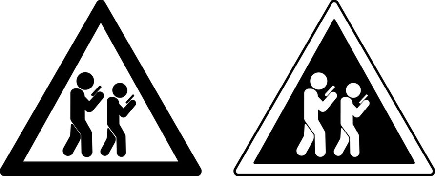 Signs Beware of Smartphone Zombie. Black and White Vector Icons. Humorous Sign. People Constantly Looking at Mobile Phone