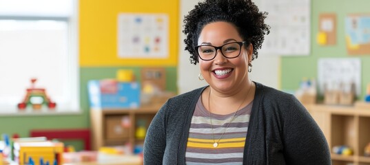 Smiling, Confident Teacher in a Brightly Decorated Early Childhood Education Classroom