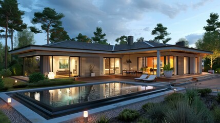 Fototapeta premium Modern Villa with Swimming Pool at Dusk