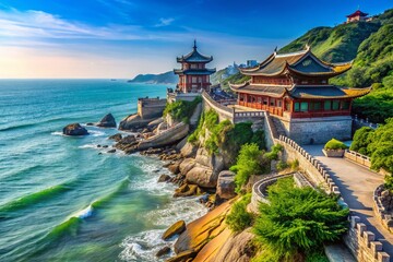 Fototapeta premium Scenic view of Tsingtao coastline with clear sky, vibrant sea, and traditional architecture nearby