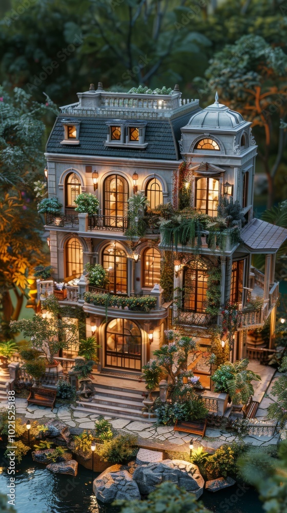 Canvas Prints Detailed Miniature Mansion with Lush Garden