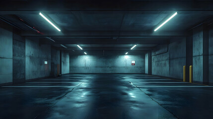3D Illustration of an Empty, Wet, Concrete Parking Garage