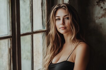 Fototapeta premium a beautiful young woman leaning against a window
