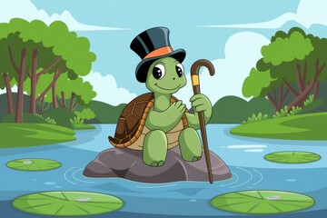 Naklejka premium Turtle gentleman. Cartoon turtle wearing a top hat and holding a cane, sitting on a rock in a pond.