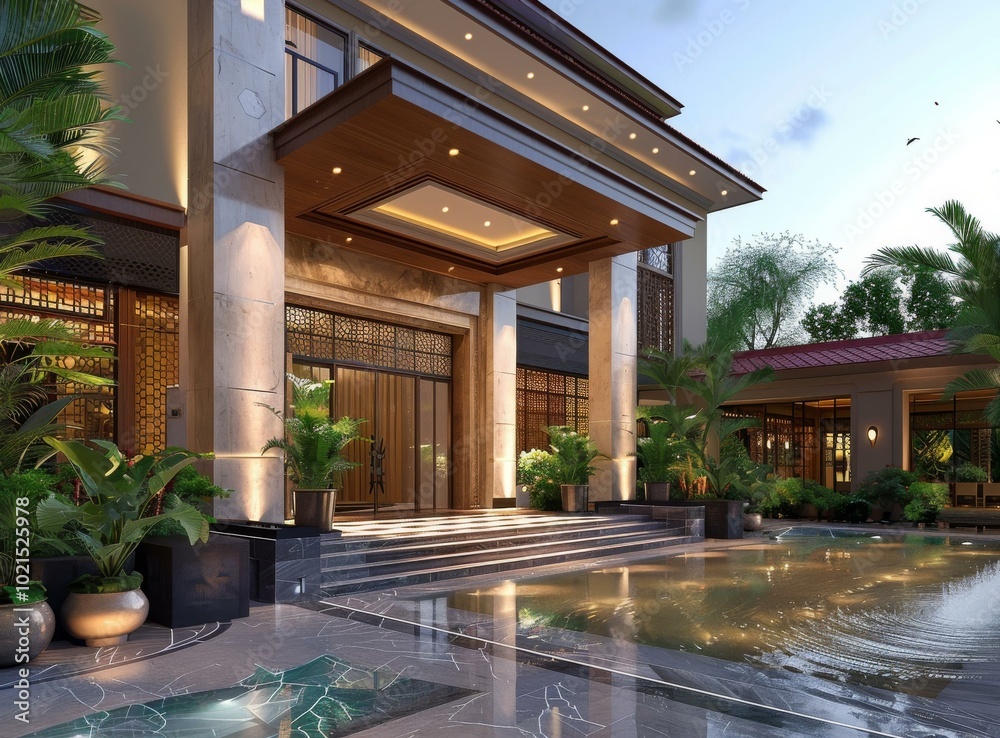 Wall mural Luxury Mansion Entrance Design with Water Feature