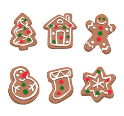 Pastel color gingerbread cookies on transparent background. Xmas or New Year winter separated illustrations: house, snowman, cookie man, star and christmas tree shaped cookies with glaze.