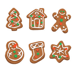 Gingerbread cookies with white sticker border on transparent background. Xmas or New Year winter separated illustrations: house, snowman, cookie man, star and christmas tree shaped cookies with glaze.