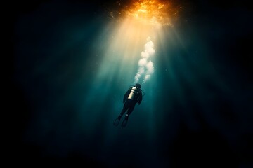 A serene underwater explorer propelling forward with fluid effortless movements their diving suit gleaming in the filtered sunlight and emanating a profound sense of tranquility and in a vivid