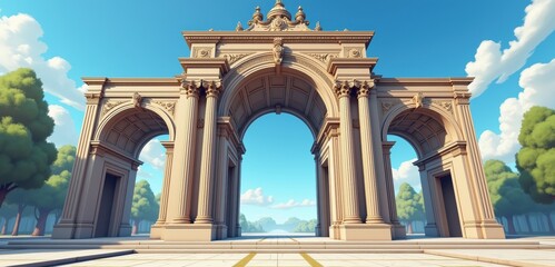 Fototapeta premium A stunning architectural archway against a bright blue sky, symbolizing triumph and discovery, perfect for projects related to travel, history, or heritage.