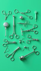 Obraz premium A collection of various surgical instruments on a vibrant green background, ideal for medical, healthcare, and educational themes.