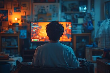 A man holds his gaming controller, wearing casual attire sits in front of the TV, playing video games, his back to the camera. The television is on, displaying an online game with dynamic graphics.