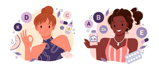 Dietary supplement, organic food and cosmetics to correct vitamin and mineral deficiency set. Young happy woman holding bottle with multivitamin complex, making ok gesture cartoon vector illustration