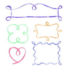 Set of colorful watercolor frames and a heart shape element on transparent background for creative design.
