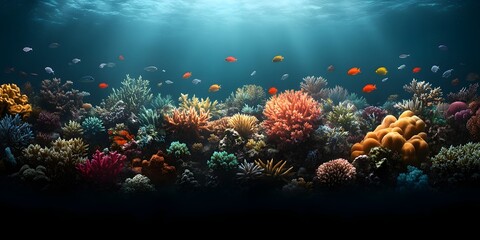 Fototapeta premium Ethereal Underwater Coral Reef Sanctuary Teeming with Vibrant Marine Life A Serene Cinematic of a Lush Thriving Aquatic Ecosystem