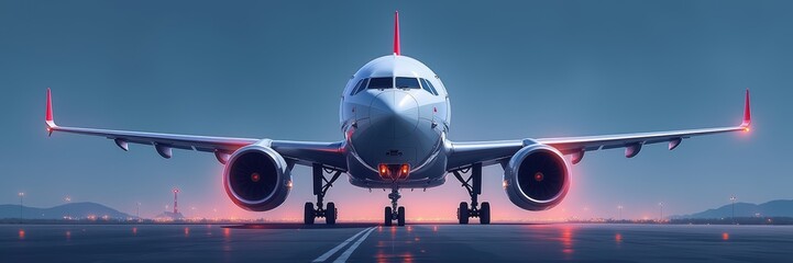 Naklejka premium A striking front view of a modern airplane on an airport runway at twilight, showcasing its vibrant lights and sleek design, perfect for travel and aviation themed projects.