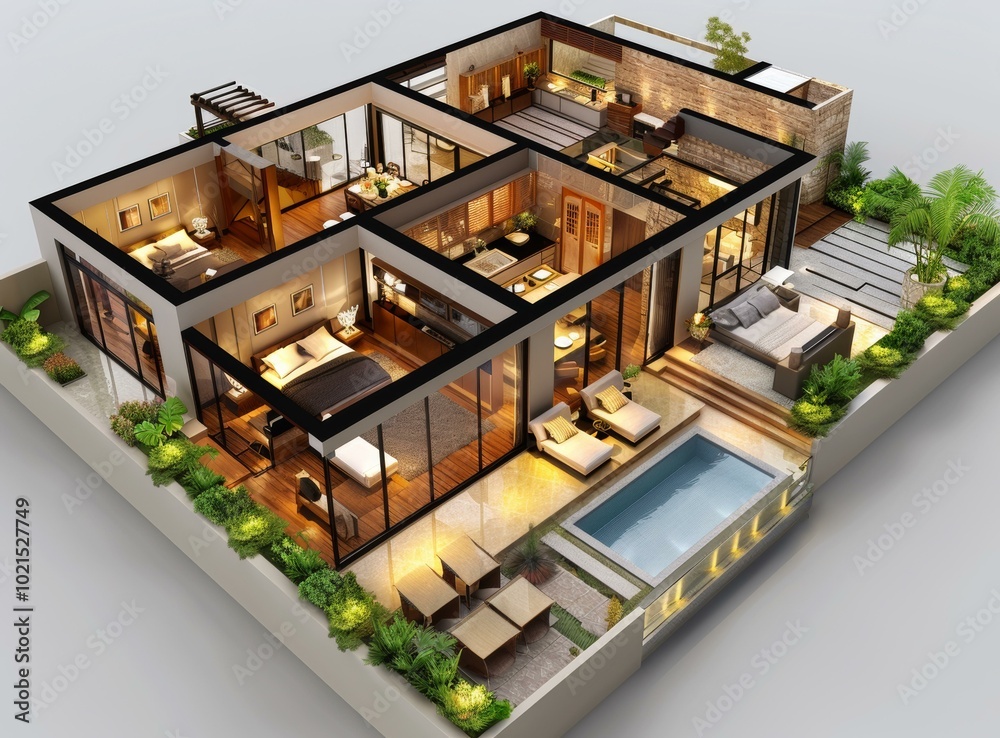 Wall mural Modern Penthouse Floor Plan with Rooftop Pool