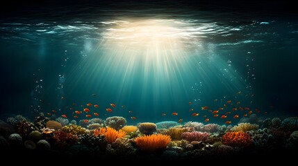 Fototapeta premium Mesmerizing and ethereal underwater seascape featuring a serene and dreamlike ambiance colorful coral formations shimmering schools of tropical fish