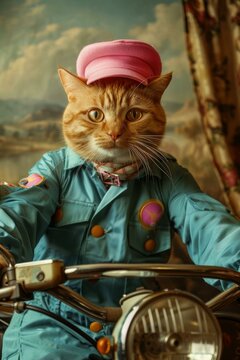 Cat in a suit and hat rides a motorcycle