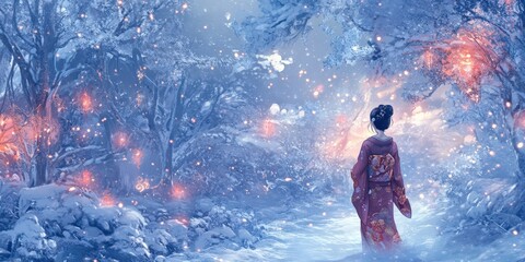 Fototapeta premium Woman in kimono stands in snowy forest.