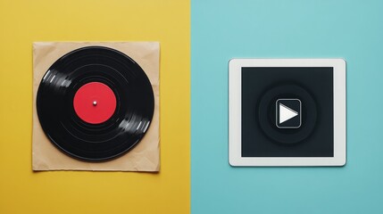 Fototapeta premium A vinyl record and a tablet computer side by side, representing old and new ways to listen to music. old vs new generation