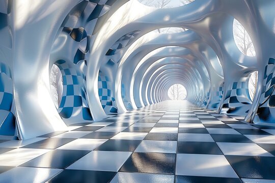 Futuristic blue and white checkered tunnel